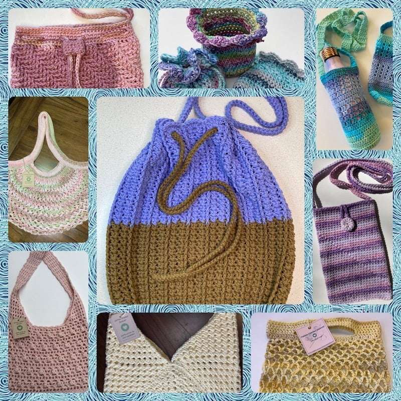 collage of 9 various crochet bags