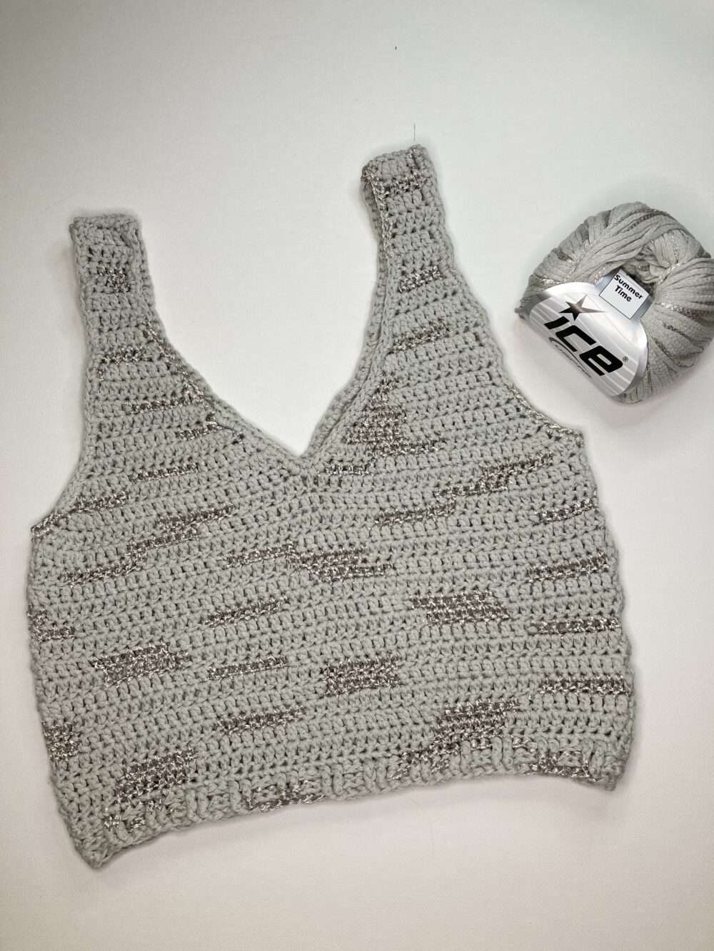 ladies grey crochet tank top made with ice yarns summertime