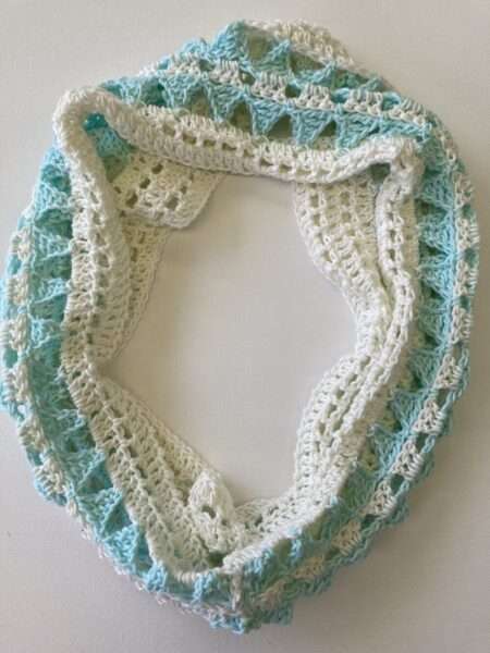 ecru and light turquoise crochet infinity scarf